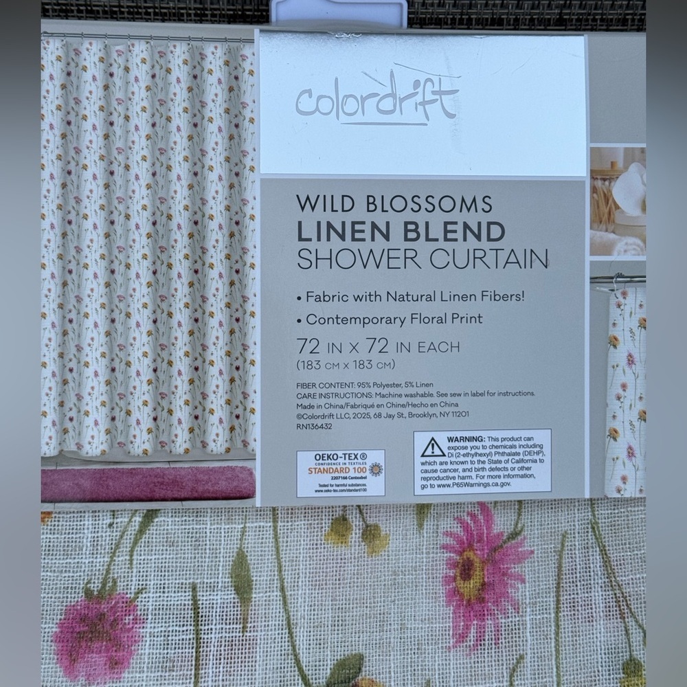 Colordrift Wild Blossoms Linen Blend Floral Fabric Shower Curtain 72"x72" - Picture 7 of 8